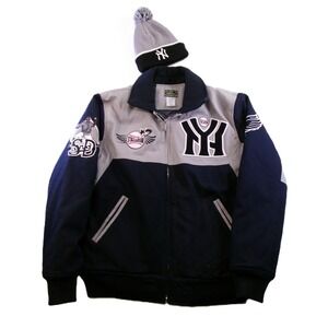 Stall & Dean Mens XL Varsity Jacket Black Yankees‎ Navy Grey New Era Beanie Set
